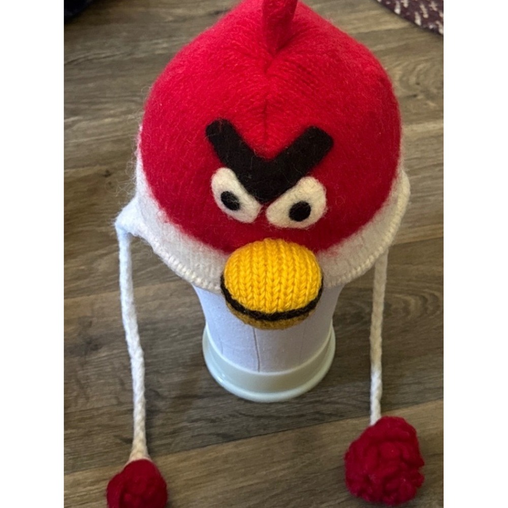 Red Angry Bird Winter Earflap Hat 100% Wool Nepal Fleece Lined Youth Kids Winter